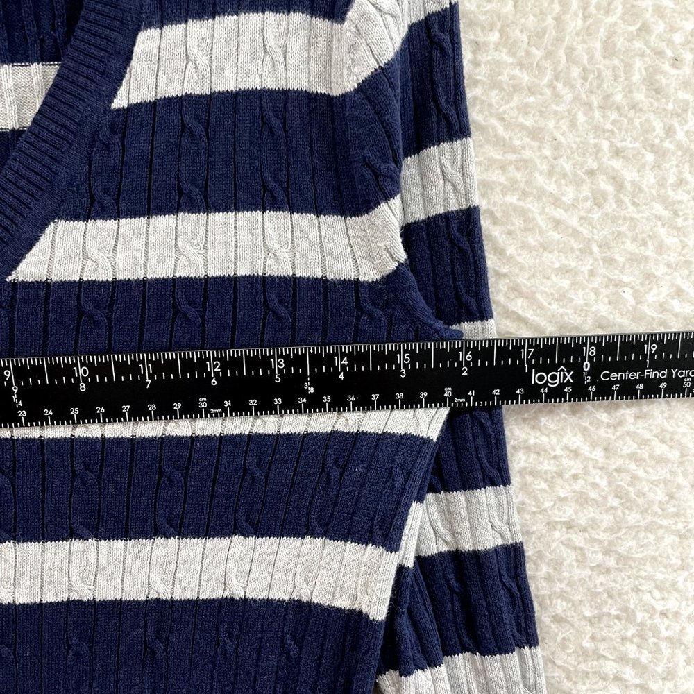 Tommy Hilfiger Navy Blue Grey Striped Cable Knit V-Neck Sweater Womens M Medium - Picture 6 of 9